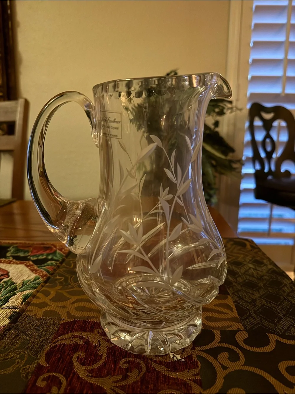 Crystal Etched Pitcher - Clear Glass Floral Design